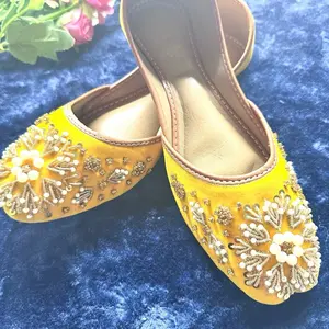 Handcrafted Velvet Mustard Juttis/Khussa with Pearl Embellishment | Traditional Indian Ethnic Flat Shoes for Women | Elegant Wedding & Festive Mojaris Footwear