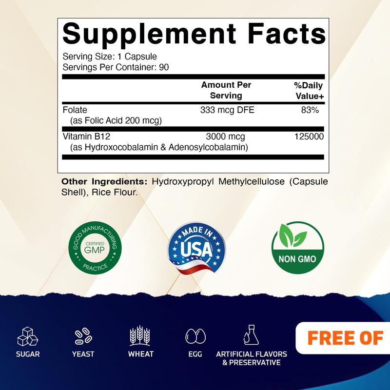 Vitamatic Adenosylcobalamin Hydroxocobalamin B12-3000 mcg with Folic Acid – Dual Active Form of B12 – Non-GMO, Gluten-Free, Sugar-Free – 90 Veg Capsules – Made in USA