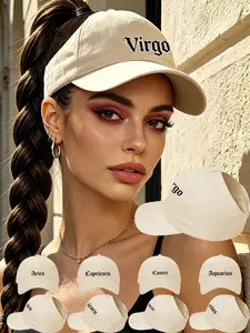 1 Pc Women Zodiac Print Beige Ponytail Visor Cap, Women's Braid-Friendly Sun Hat, Multi-Scene Cap For Urban Street Photos/Daily Commutes/Outdoor Light Sports/Girls' Dates/Summer Sun Protection, Casual Hat, High Quality Hat