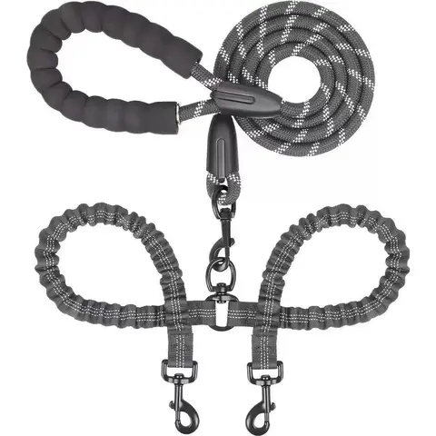 Kigifuture Nylon Rope Dual Dog Leash Set - Leash Included, Leads, 20-35 In, 360-Degree Swivel Clasp, No Tangle Design, Shock-Absorb Bungee Walking Tool for 2 Dogs