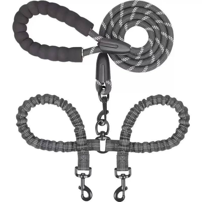 Kigifuture Nylon Rope Dual Dog Leash Set - Leash Included, Leads, 20-35 In, 360-Degree Swivel Clasp, No Tangle Design, Shock-Absorb Bungee Walking Tool for 2 Dogs