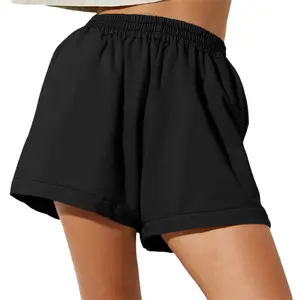 Women Loose Style Shorts, Ladies Female Solid Color Elastic High Waist Sweatpants with Pockets Womenswear Bottoms, Black/ Beige/ Brown