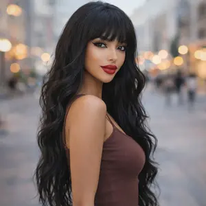 Twicebeauty Black Wig with Bangs Curly Wavy Wig for Women Long Natural Black Wavy Wigs Skin-Fiendly Synthetic Fiber for Daily Party Use