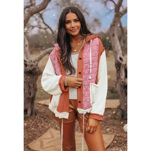 Coral Quilted Textured Patchwork Loose Fit Hooded Jacket fashion