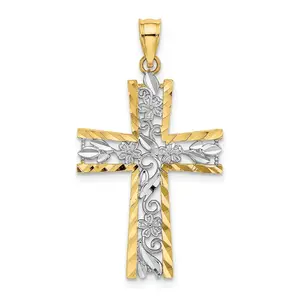 10k Yellow w/Rhodium 18 mm  and D/C Flower Design Cross Charm (1.04 grams)