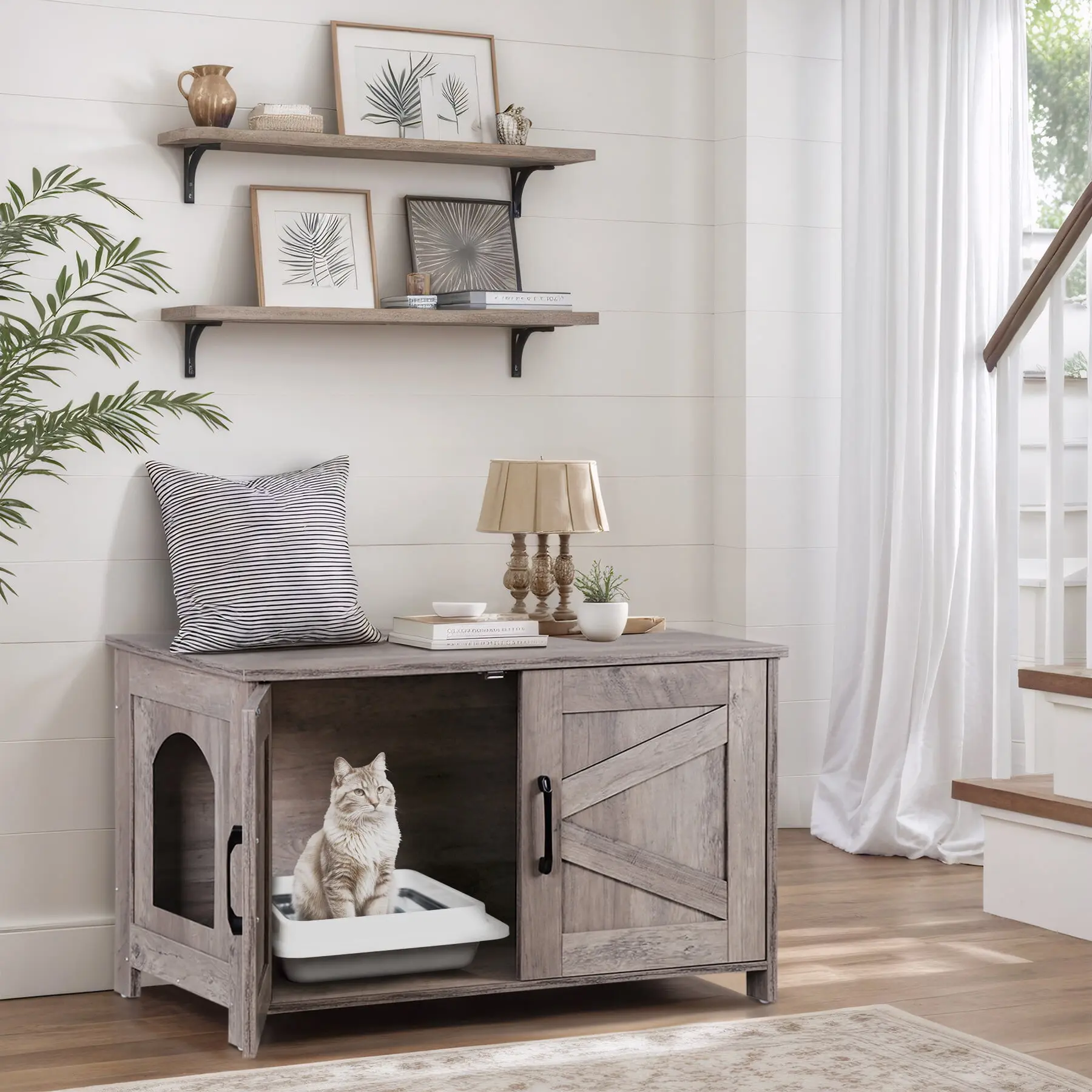 Large-Size MDF Wood Litterbox Enclosure - Cat Furniture with Left/Right Adjustable Hidden Barn Door, Stylish Private Cat Washroom