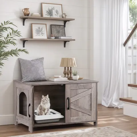Cat Oak Wood MDF Enclosed Litter Box Cabinet, Pet Furniture with Left-Right Adjustable Hidden Barn Doors, Odor Control Private Cat Washroom, 31.5”L x 19.7”W x 19.7”H, 19.7” Wide Fit, Inner Holds 66 lbs, Easy Cleaning