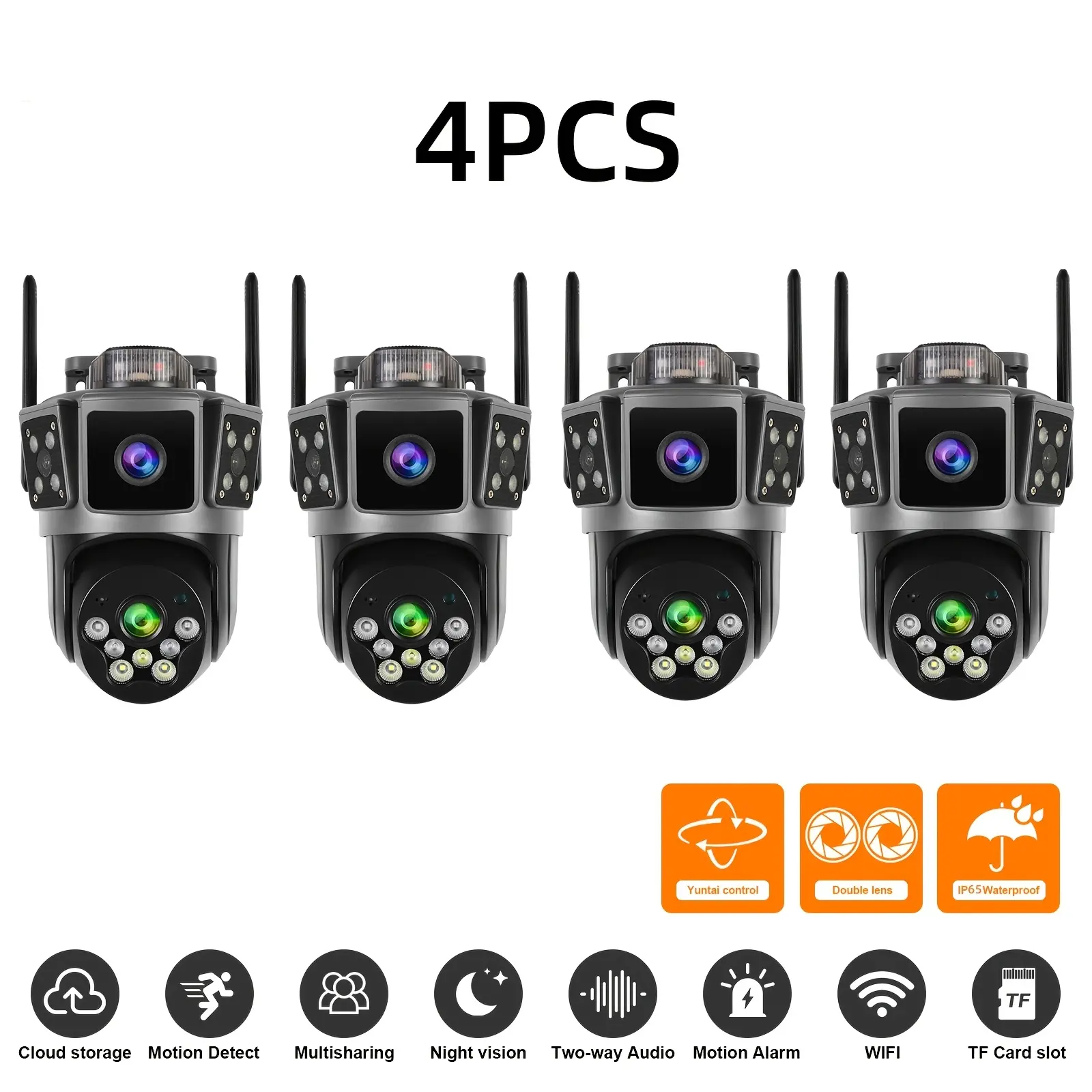 4Pcs Dual-Lens PTZ Security Camera, 355° Panoramic View, WiFi, Color Night Vision, AI Human Detection, Real-Time Alerts, Remote Monitor, Cloud Storage, APP Control, Support Up To 256G TF Card