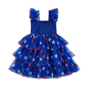 Afunbaby To4th of July Toddler Girl Outfit Red White and Blue Star Dress Tulle Smocked Dress Little Girls Fourth of July Clothes