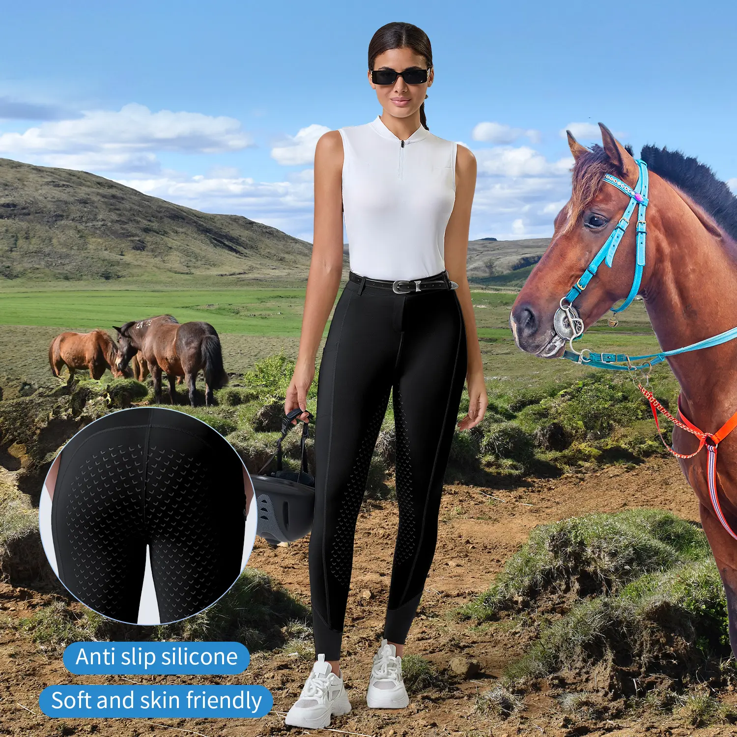 Women's Full Seat Silicone Equestrian Breeches, High Waist Butt Lifting Horse Riding Pants with Side Zip Pockets