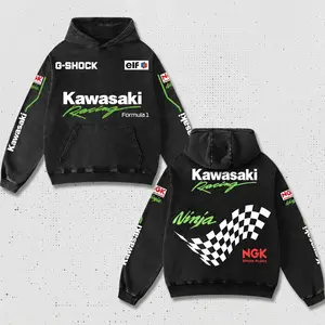 Retro Formula Kawasaki Racing Hoodie Washed Black, MotoGP World Championship Enthusiast, Motorcycle Off Road Dirt Bike Graphic Streetwear, Heavyweight Biker Sweatshirt, Retro Moto Gear Motorbike Apparel Men’s Aesthetic Y2K Racing Jacket Style
