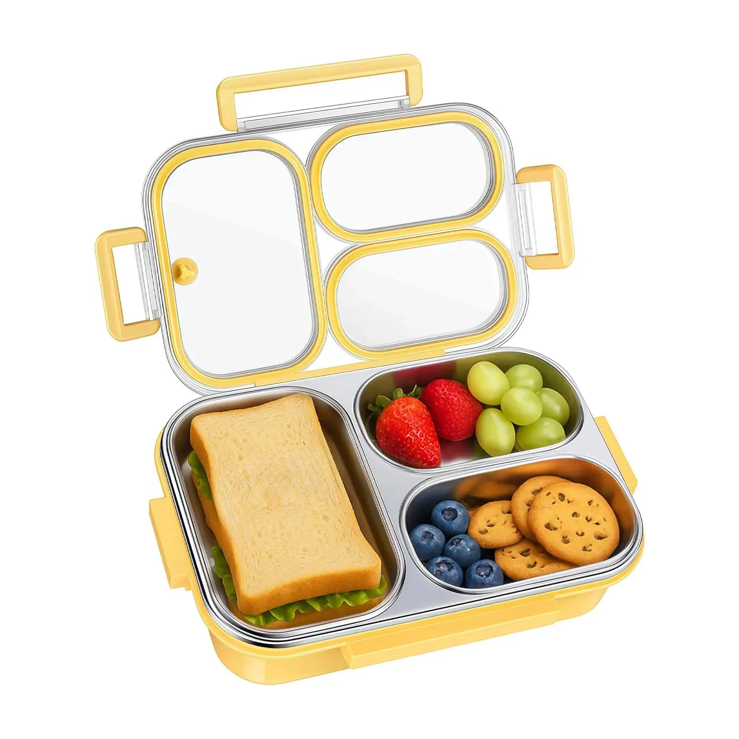Stainless Steel Lunch Box with Transparent Lid, 3 Compartment Bento Box (25 Oz), Leakproof Snack Container, Dishwasher Safe, Ideal for Office and Travel