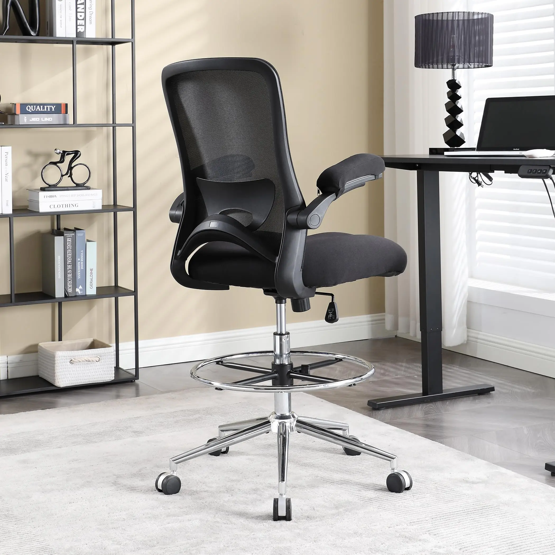 JONPONY 500lbs Tall Drafting Chair for Standing Desk with Flip-up Armrests, Pressure Locking Casters, W-Shape Thicken Cushion, Breathable Mesh Extended Height Office Chairs,Black
