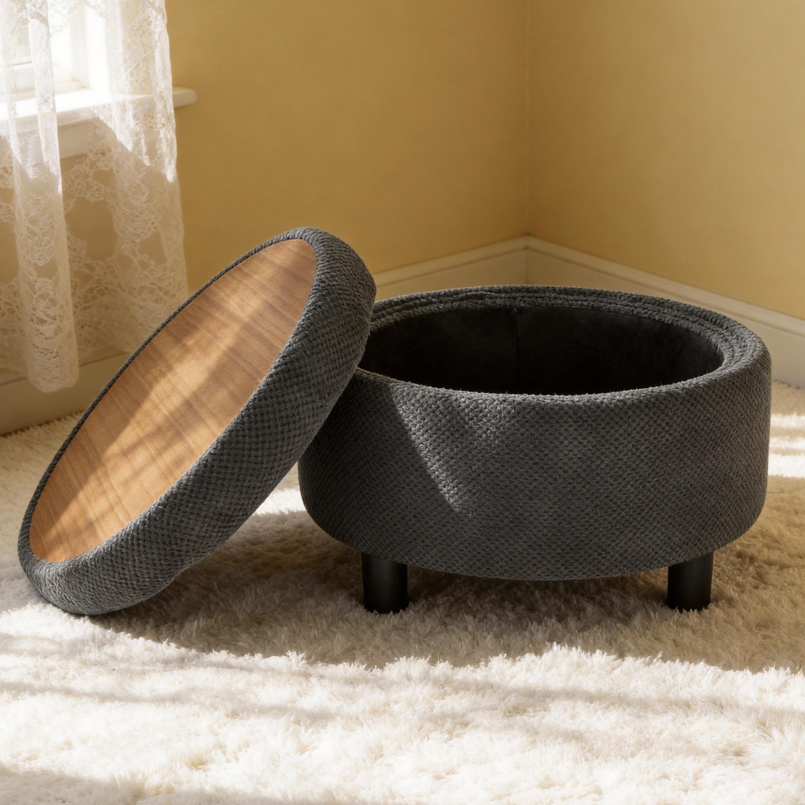 Modern 25 Inch Round Storage Ottoman Coffee Table with Tray & Removable Top, Tufted Upholstered Circle Ottoman for Living Room Bedroom, Dark Grey/Light Grey/Black/Dark Green/Coffee/Camel