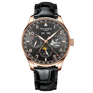 Men's Rose Gold Automatic Multi-Function Watch, Matte Black Dial Year Month Week Day Night & Day Phase Aircraft Carrier Subdial Luminous Rose Gold Hands Black Gloss Leather Strap Military Business Wrist Watch
