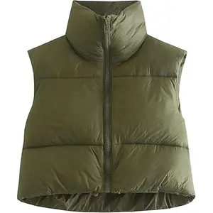 Crop Quilted Puffer Vest for Women Zipper Stand Collar Sleeveless Padded Down Jacket Top Casual Lightweight Womenswear Chic