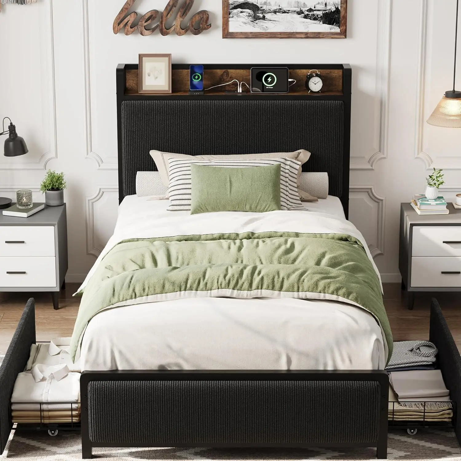 Twin Size Bed Frame with 2 Storage Drawers and Charging Station Rustic Linen Upholstered Platform Bedframe with Storage Headboard No Box Spring Needed Heavy Duty Noise Free Easy Assembly Black