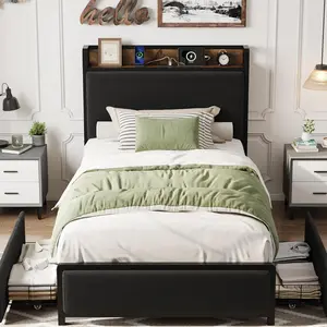 Twin Size Bed Frame with 2 Storage Drawers and Charging Station Rustic Linen Upholstered Platform Bedframe with Storage Headboard No Box Spring Needed Heavy Duty Noise Free Easy Assembly Black