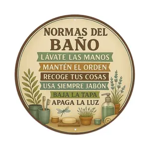 Round Aluminium Print Bathroom Rules Sign - Rustic Spanish Home Decor Wall Plaque for Bathroom