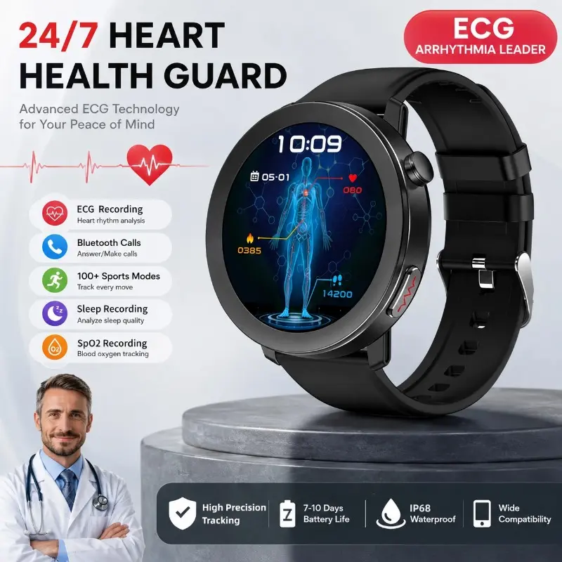 Multifunctional Waterproof Smartwatch with Bluetooth Calling, Fitness Tracking, Full Health Metrics - Heart Rate, Heart Rhythm, BP, Glucose & Body Composition Trend Tracker for Men Women Daily Use