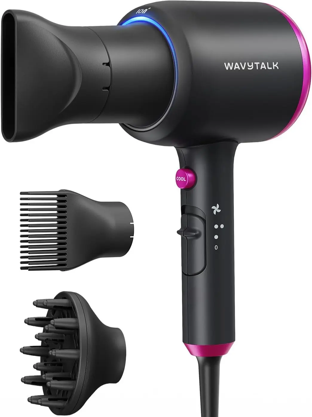 Wavytalk Blown Away Ionic Hair Dryer with Diffuser for Curly Hair | 1875W Fast Drying, 3 Attachments for All Hair Types, Ceramic Healthy Shine, Lightweight & Quiet (Black)