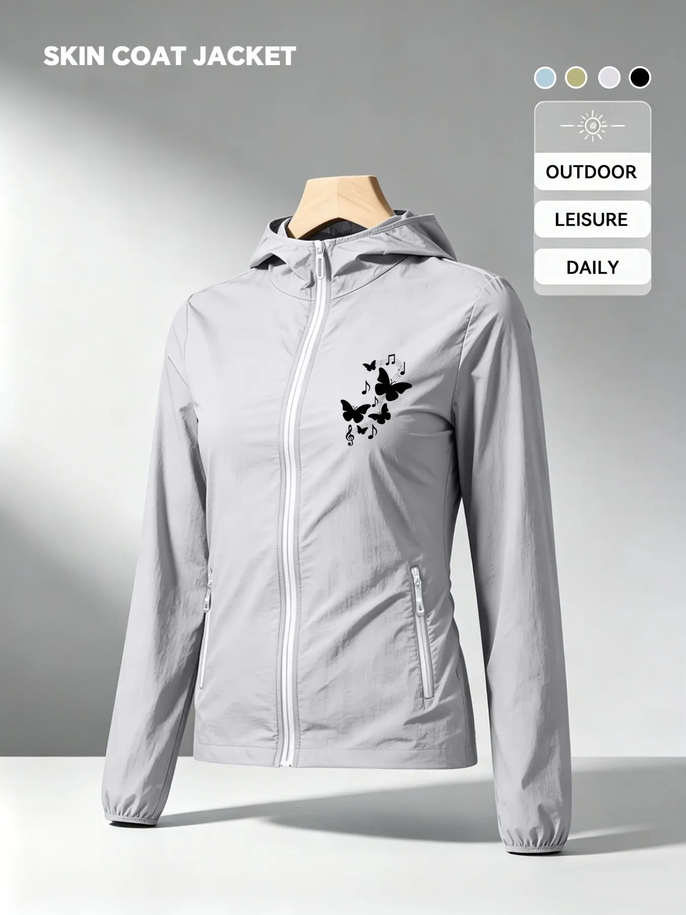 Music Butterfly And Note Print Women Summer Hooded Zip Up Skin Coat Jacket Four Colors Optional Soft Skin Friendly Comfortable Loose Breathable Lightweight Fashion Casual Outdoor Camping Hiking Cycling Commuting Daily Travel Vacation Must Have New Arrival