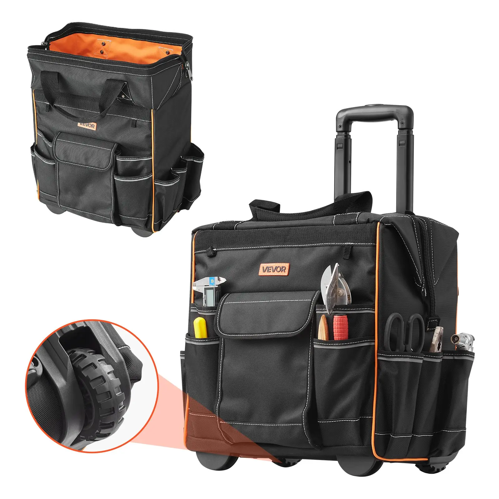 VEVOR Heavy Duty Rolling Tool Bag with Roller Wheels, 110 lbs Load Capacity, 25 Pockets, Adjustable Telescoping Handle, Stable Base, Zipper Closure, 10.47 lbs Weight, Multi-Inches Design, Tool Organizer for Construction Mechanics