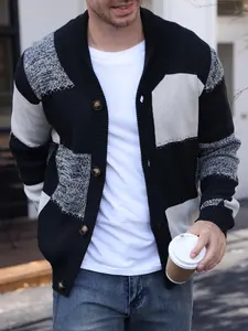 Men's fall outfit: a men's shawl - collar knitted cardigan with color - block square pattern splicing, a warm, breathable, versatile knitted cardigan for men suitable for commuting and casual wear in autumn and winter Knitting Cardigan