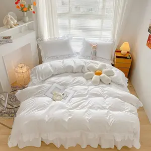 Chic Ruffle Lace Polyester Duvet Cover Set -Girl White Bedding-2 Piece Twin Comforter Duvet Cover with Zipper Closure -Ultra Soft and Light Weight(White, Twin)