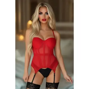 Lavish Red Mesh Underwire Bustier Corset w/Garters