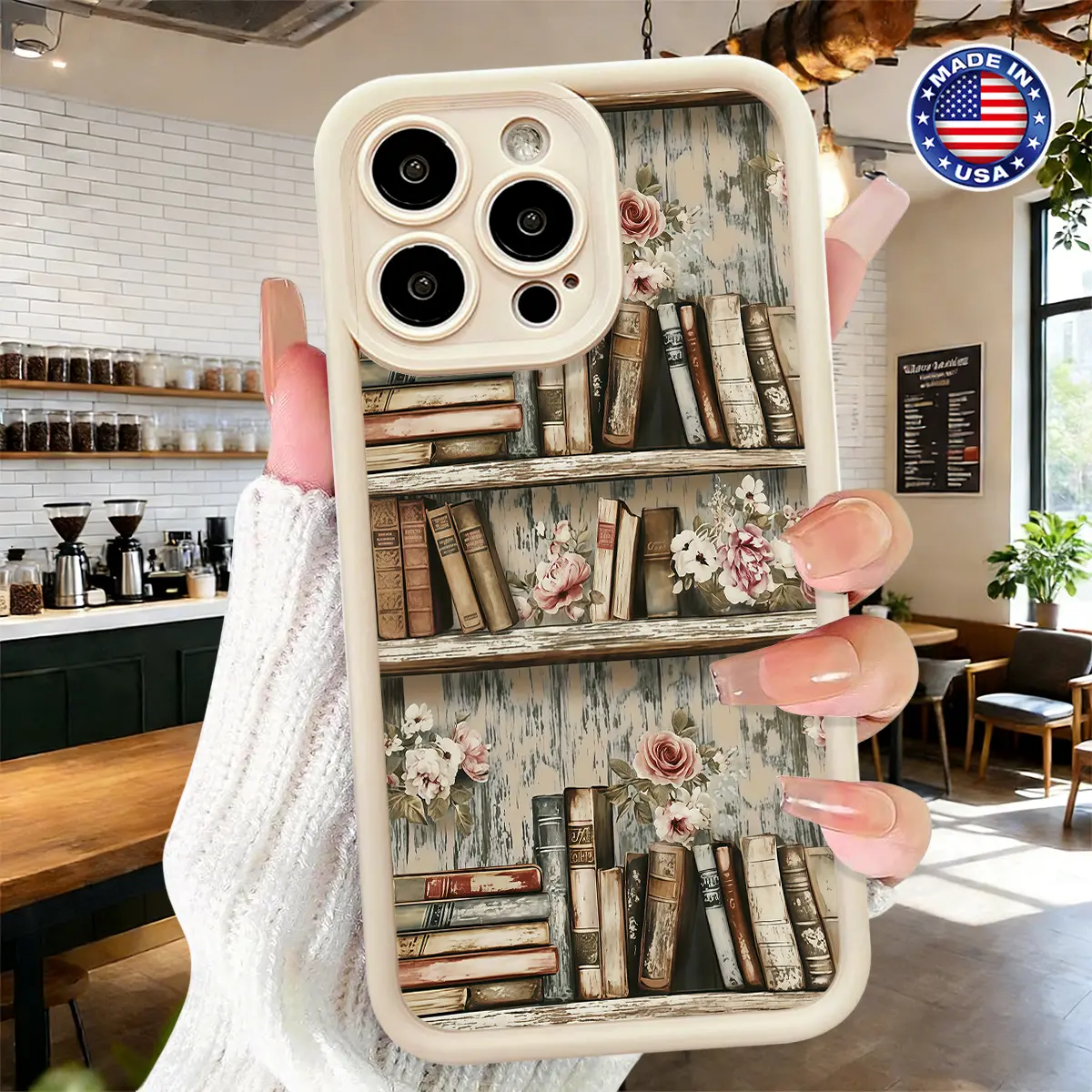Vintage Bookshelf Floral Aesthetic Pattern Case for iPhone 17 16 15 14 Pro Max 13 12 11 XR XS Plus Air Slim Shockproof Anti Scratch Lightweight Durable TPU Cover, Accessories, Smartphone