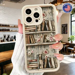 Vintage Bookshelf Floral Aesthetic Pattern Case for iPhone 17 16 15 14 Pro Max 13 12 11 XR XS Plus Air Slim Shockproof Anti Scratch Lightweight Durable TPU Cover