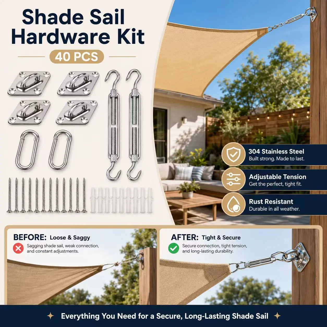 40-Piece 304 Stainless Steel Shade Sail Hardware Kit with 2 Adjustable Turnbuckles, 2 Snap Hooks, 4 Pad Eyes, 16 Screws & 16 Wall Anchors, Helps Reduce Sagging for Patio, Pergola, Deck, Garden & Backyard Canopy Installation tent