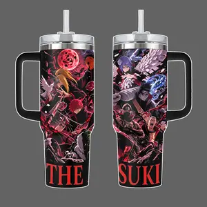 Akatsuki  Anime Tumbler With Handle, Red Cloud Organization Wrap Design NRT Stainless Steel Insulated Travel Mug 20oz 40oz