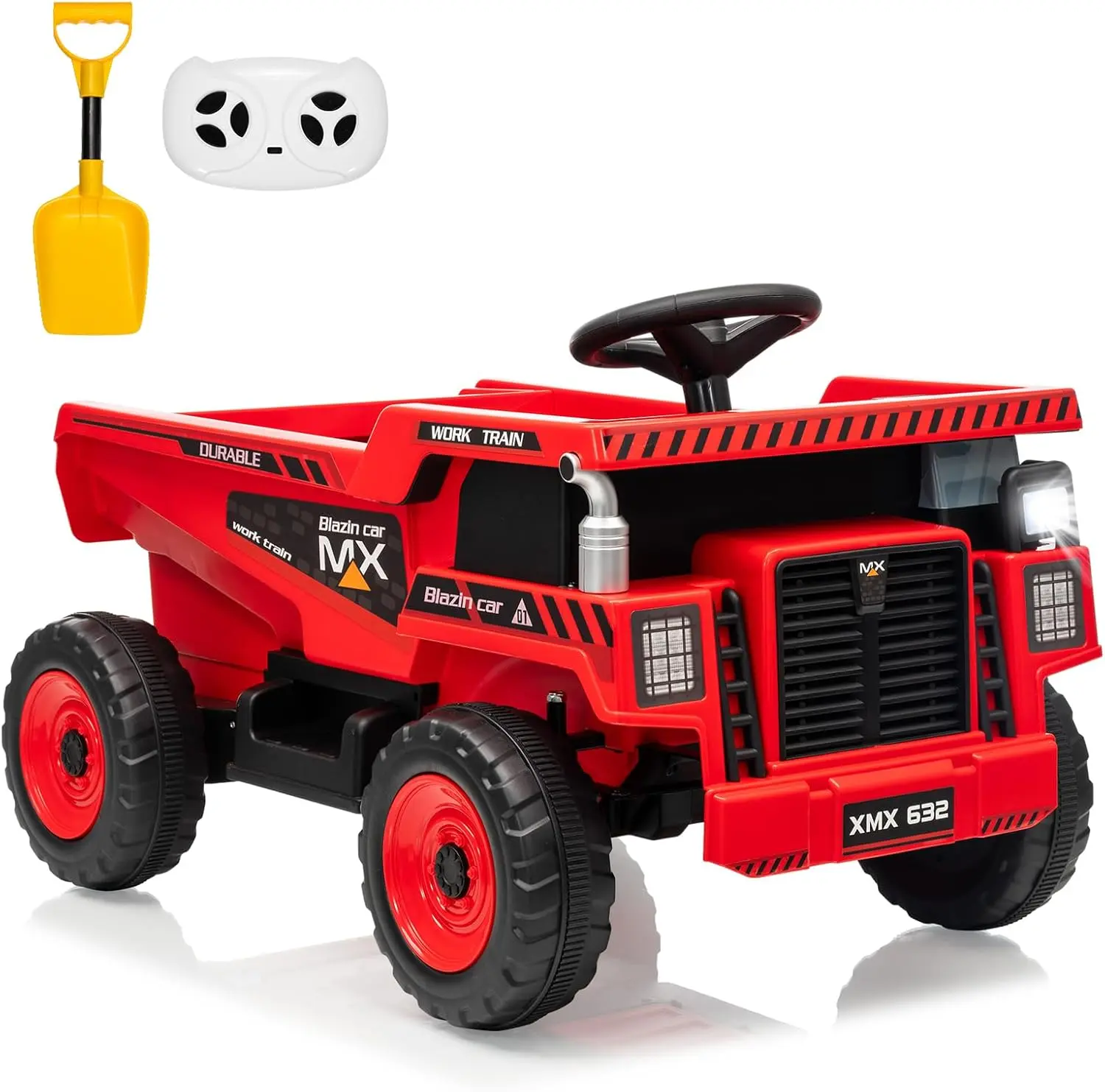 GAOMON 12V Electric Kids Ride-On Dump Truck with Remote Control, Safety Features, Automatic Lift Dump Bed, Detachable Shovel, USB & Bluetooth Supported Music Player, LED Lights, Spring Suspension, Child-Friendly Design, Red