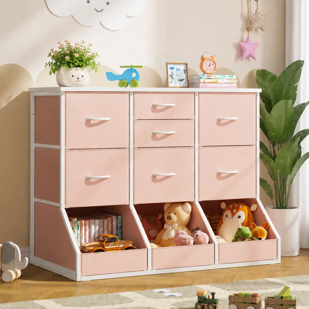 Raybee 7 Drawer Dresser for Bedroom, Fabric Dresser with 3 Open Drawers, Storage Tower Chest of Drawers, Organizer Cabinet with Wood Top Metal Frame for Living Room Entryway Hallway Closet Nursery Dorm Apartment, 39.3"W x 17.7"D x 31.5"H