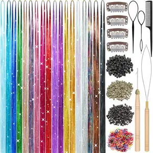 Hair Tinsel, 7800 Strands 48 Inch Glitter Tinsel Hair Extensions Kit Heat Resistant Daily Use Festivals Shiny Fairy Hair Accessories for Girls Kids Women