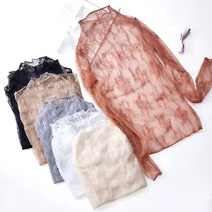 New Color Apricot Caramel Mesh Shirt Lace Flower under Shirt Long sleeve Shirt Sexy Black Lace See through Mesh Long Sleeve Tops Women