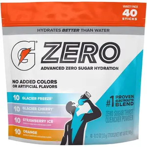 Gatorade G Zero Powder Variety Pack 40 Count Electrolyte Replacement with Glacier Freeze Cherry Strawberry Ice Orange Flavors 4.8 oz Each