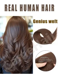 Gunius Weft with Hole Human Hair Double Weft Hair Extensions Genius Weft Micro Bead Real Human Hair Extensions Double Sided Color Add Volume And Length darkest brown to brown jet black natural balck and light blonde for Halloween Christmas party
