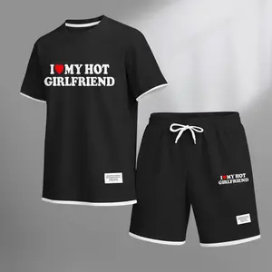 Men's I Love My Hot Girlfriend Print Waffle Fabric Short-Sleeved Shirt And Shorts Set