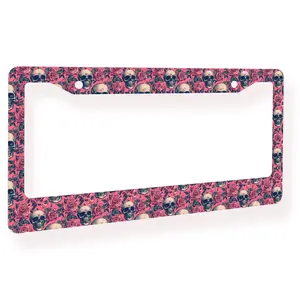 Gothic Pink Skull & Roses License Plate Frame, Automotive Registration Plate Holder Car Accessory