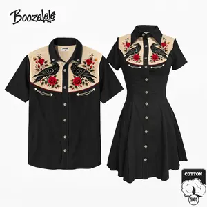 Gothic Style Crow and Rose 100% Cotton Shirt Button-down Shirt Short Sleeves,Vintage Cowboy, 2026 Spring Summer Clothing, Easter outfits