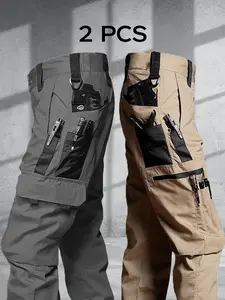 Men's durable outdoor training pants, men's multi-pocket work pants, men's solid color and printed pocket zipper waterproof tactical cargo pants without belt, regular fit sports pocket durable autumn pants.