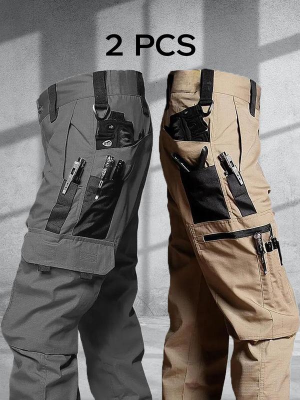 Men's durable outdoor training pants, men's multi-pocket work pants, men's solid color and printed pocket zipper waterproof tactical cargo pants without belt, regular fit sports pocket durable autumn pants.