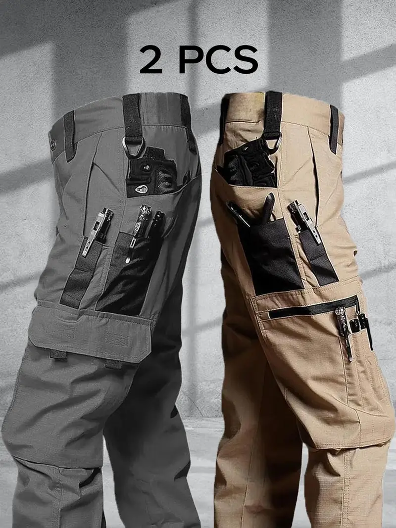 Men's durable outdoor training pants, men's multi-pocket work pants, men's solid color and printed pocket zipper waterproof tactical cargo pants without belt, regular fit sports pocket durable autumn pants.