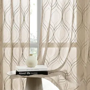 Taupe Sheer Curtains, 52 x 84 Inches Long Moroccan Embroidered  Rod Pocket Semi Sheer Curtains, Beige Faux Linen Light Filtering Drapes for Living Room/Bedroom, 2 Panels