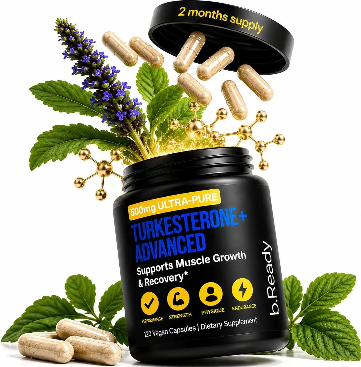 b.Ready Turkesterone Capsules for Men & Women - 500mg Ajuga Turkestanica Extract, 120 Vegetarian Capsules, Unflavored, Natural Fitness Support, Non-GMO, Gluten-Free, Lab-Tested, Capsule Healthcare Vitamin Edible Dietary Bathroom Optimum