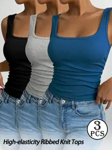 3 Piece Set Basic Square Neck Ribbed Tank Tops, High Stretch Skin-Friendly Versatile Underwear, Comfortable Everyday Wear