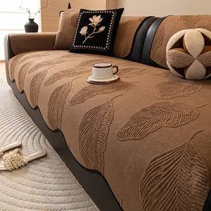 Leaf Pattern Embroidered Thick Plush Sofa Cover, High-End Fashion Non-Slip Durable Sofa Pad, Pet-Friendly, Soft Comfortable Fabric, Living Room Decor, Washable Sofa Slipcover